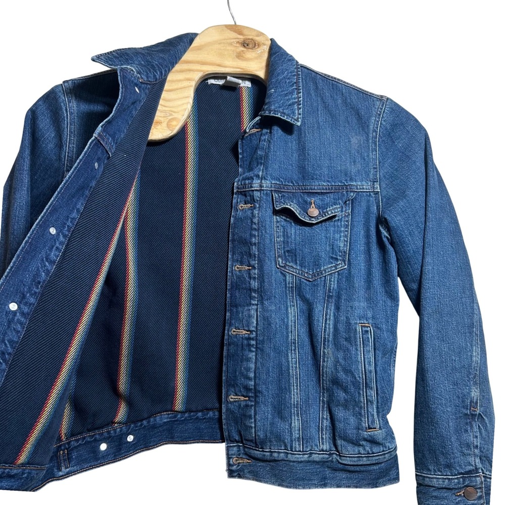 Outerknown Mens Medium Organic Cotton Rainbow Lined Denim Trucker Jacket Blue